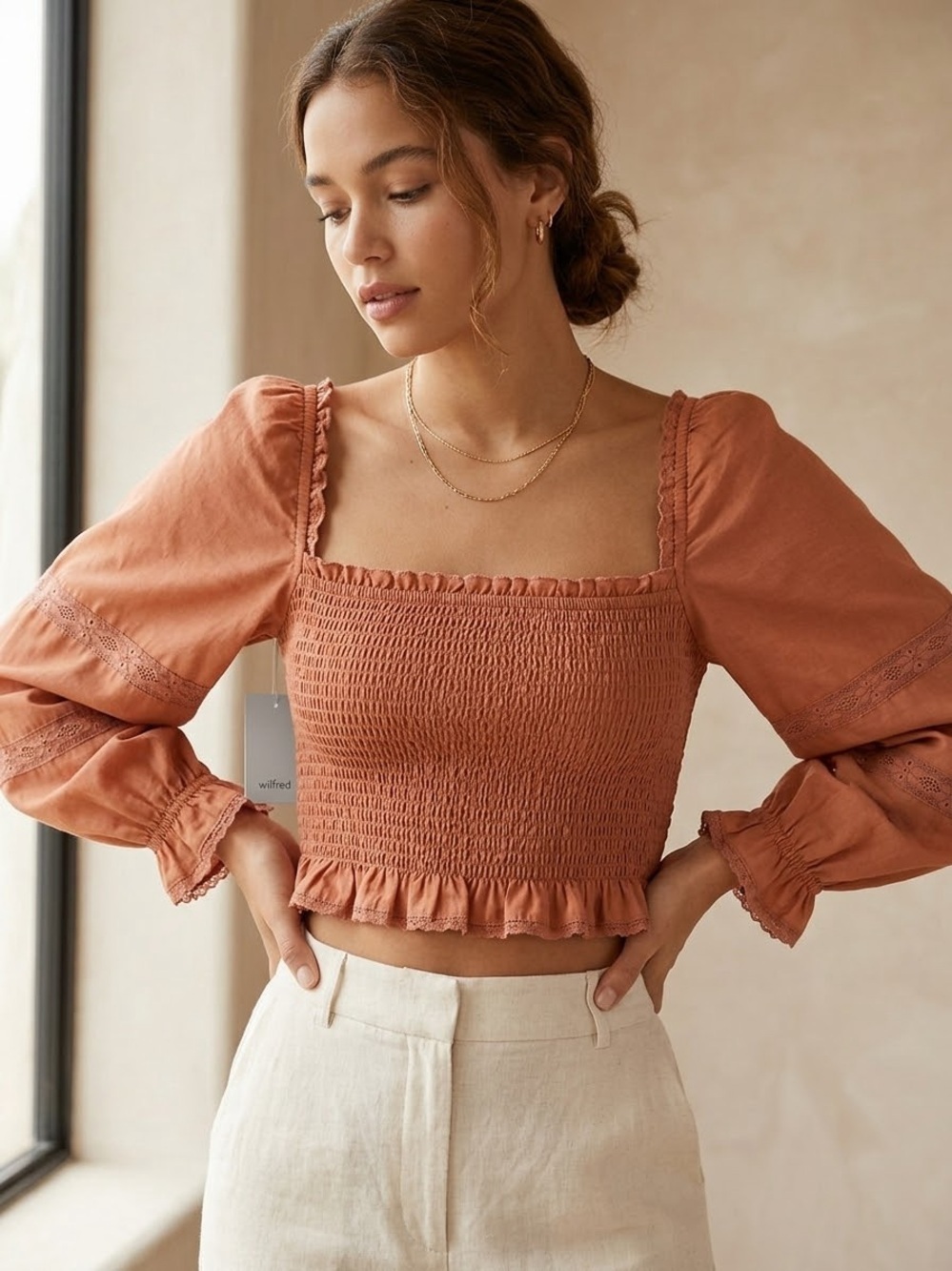 Aritzia Wilfred Soirée Rust Smocked Square-Neck Long Sleeve Crop Top